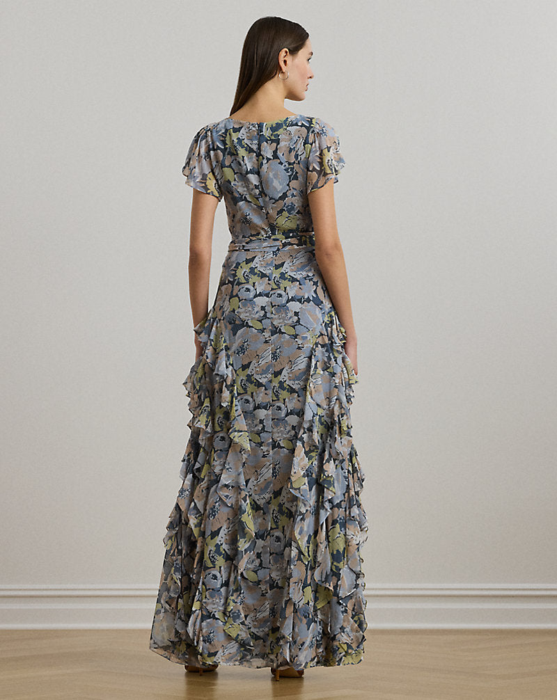 Floral Ruffle-Trim Georgette Gown Blue Multi