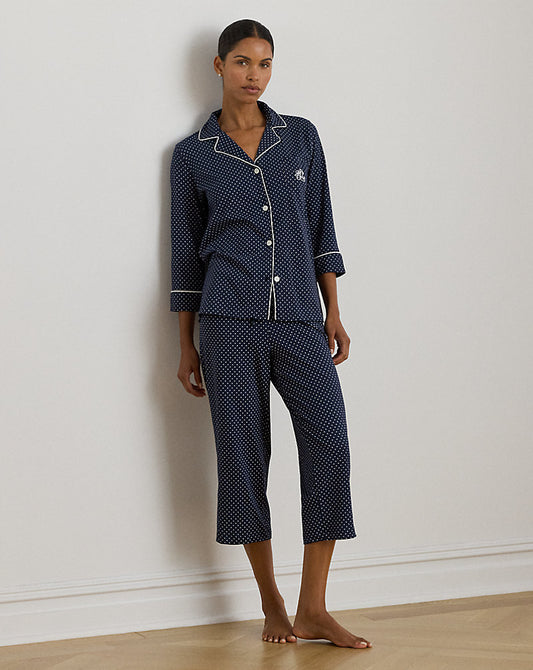 Polka-Dot Cotton Jersey Capri Sleep Set Navy Dot