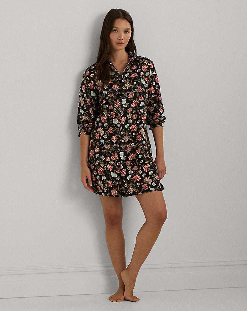 Floral Cotton-Blend Lawn Sleep Shirt Black