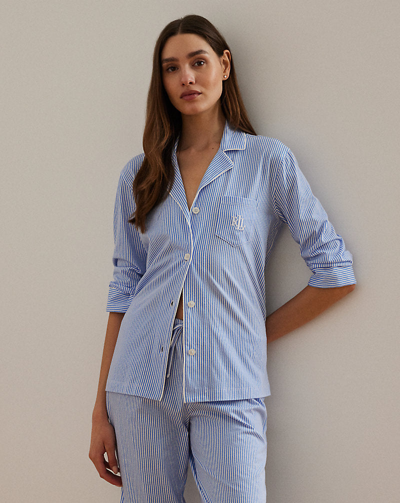 Striped Cotton Jersey Capri Sleep Set Blue