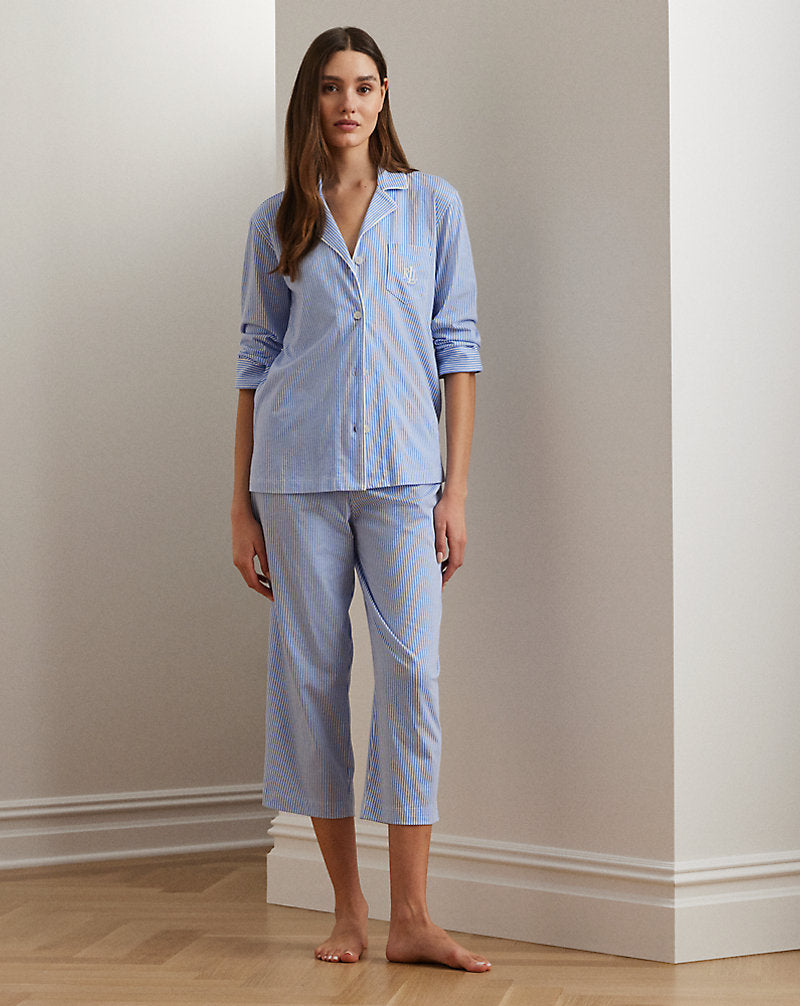 Striped Cotton Jersey Capri Sleep Set Blue
