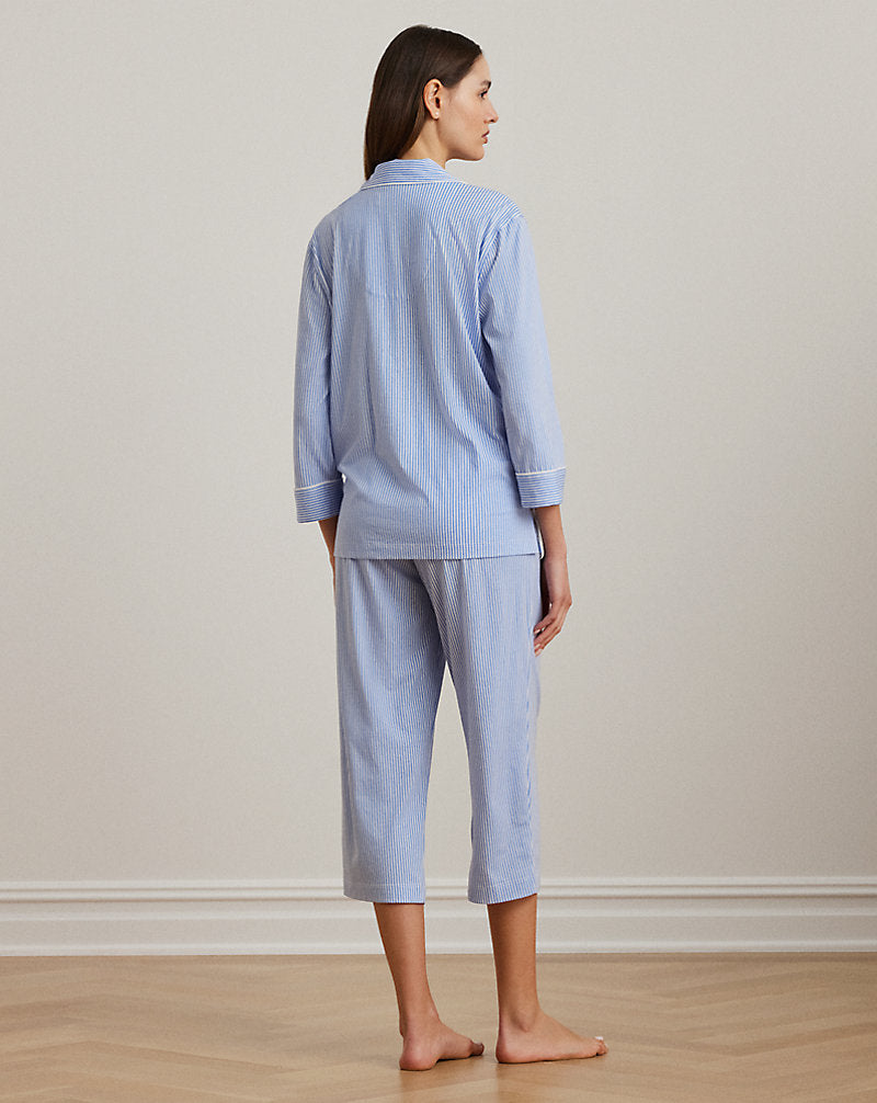 Striped Cotton Jersey Capri Sleep Set Blue