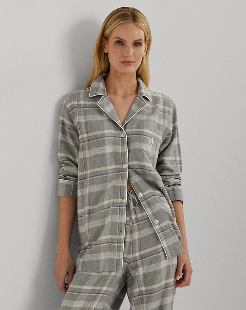 Plaid Herringbone Twill Sleep Set Grey