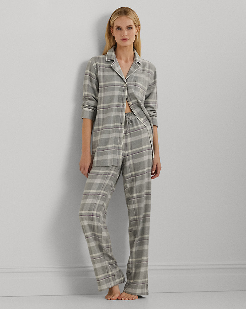 Plaid Herringbone Twill Sleep Set Grey