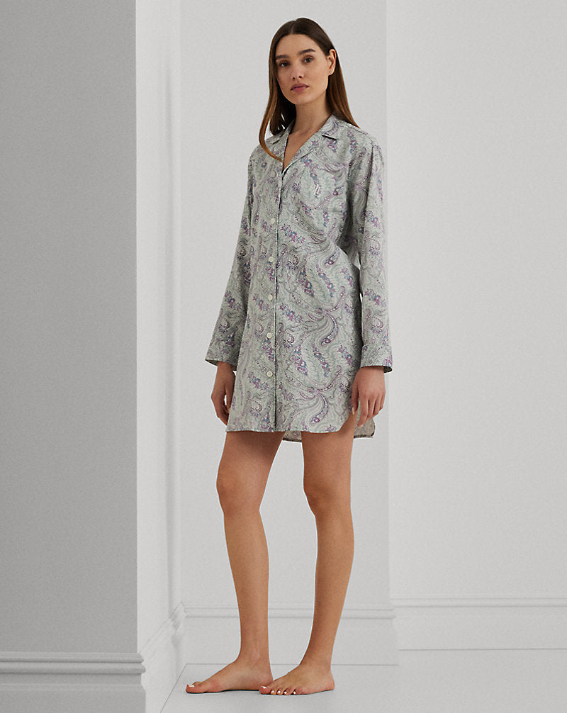 Paisley Cotton-Blend Sateen Sleep Shirt Sage