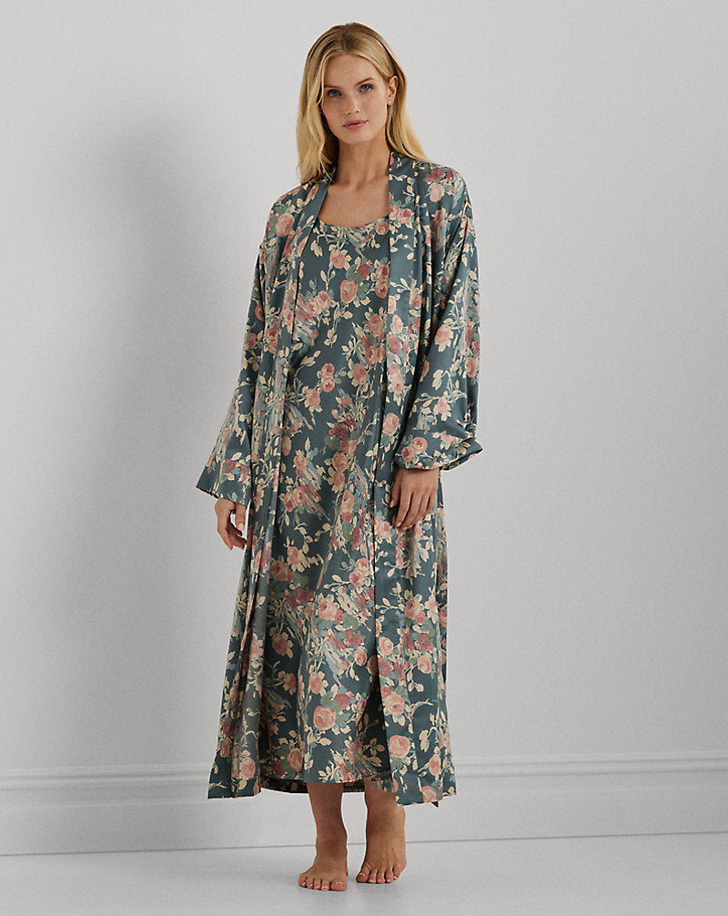 Floral Belted Satin Long Robe Sage