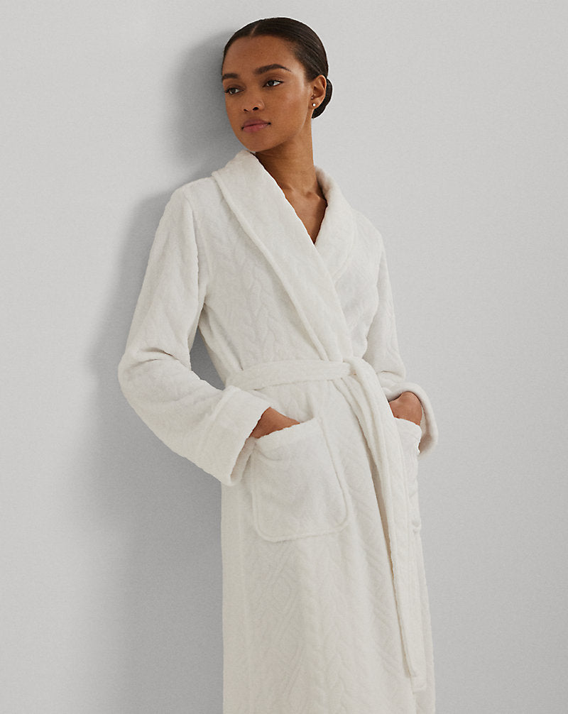 Aran-Clipped Long Shawl-Collar Robe White