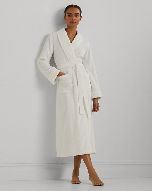 Aran-Clipped Long Shawl-Collar Robe White