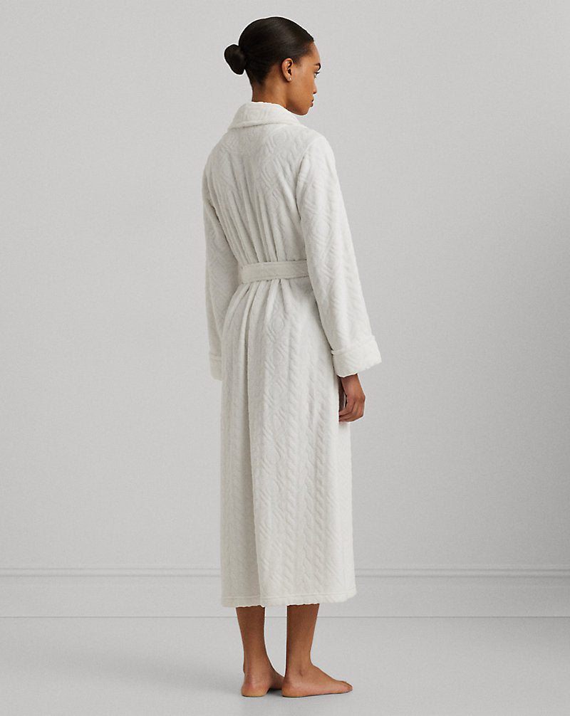 Aran-Clipped Long Shawl-Collar Robe White