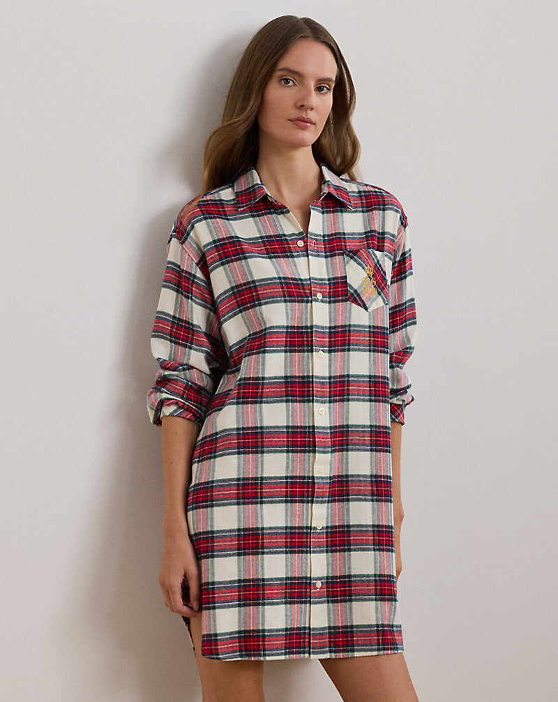 Plaid Herringbone Twill Sleep Shirt Cream Plaid