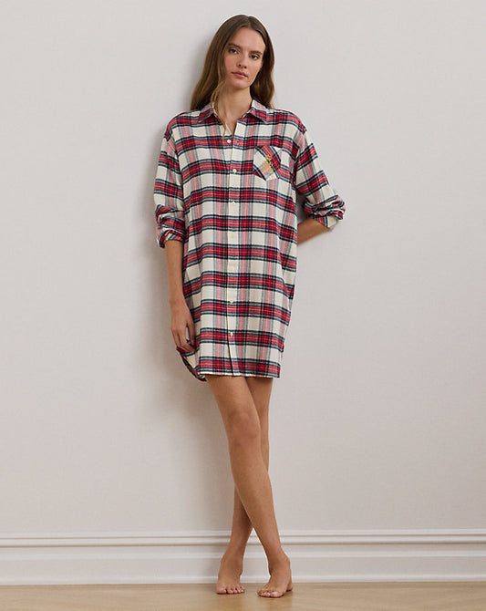 Plaid Herringbone Twill Sleep Shirt Cream Plaid