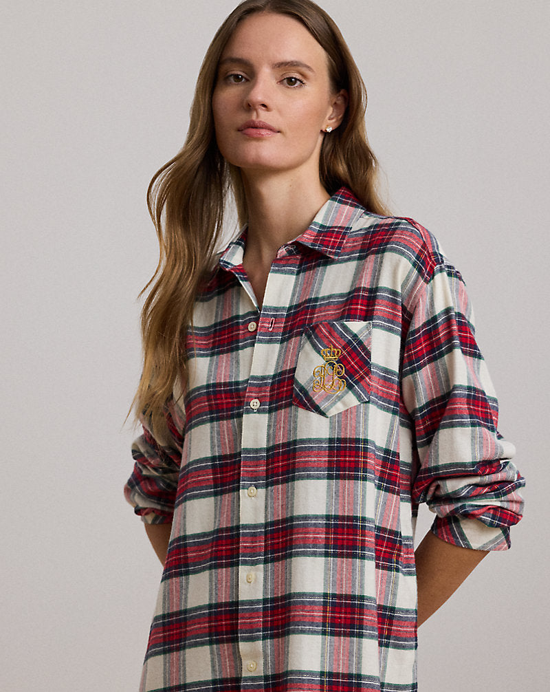 Plaid Herringbone Twill Sleep Shirt Cream Plaid