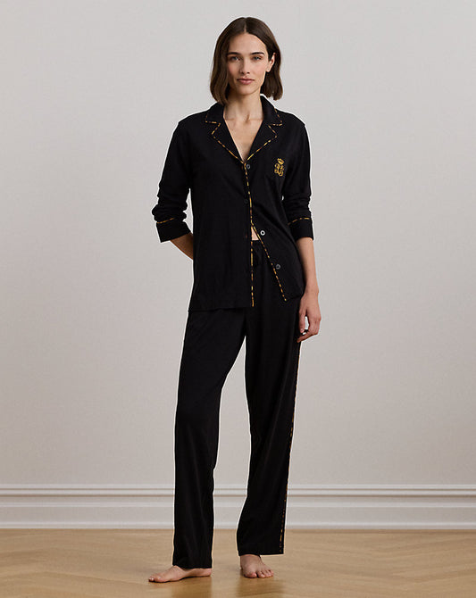 Leopard-Print-Trim Jersey Sleep Set Black