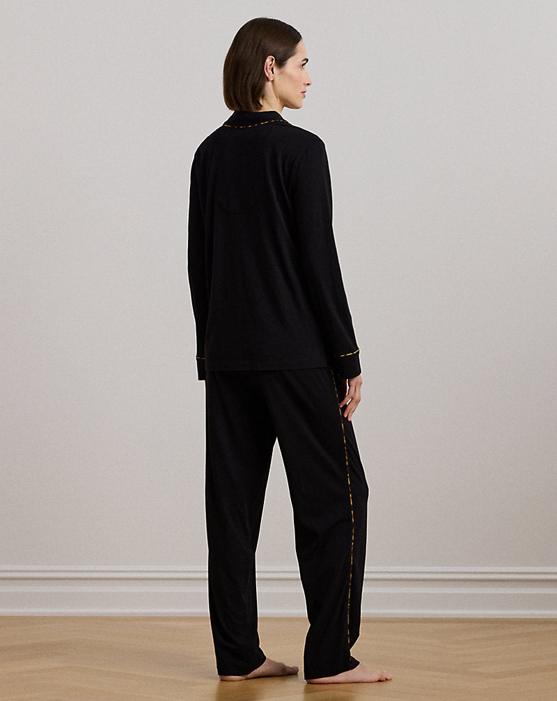 Leopard-Print-Trim Jersey Sleep Set Black