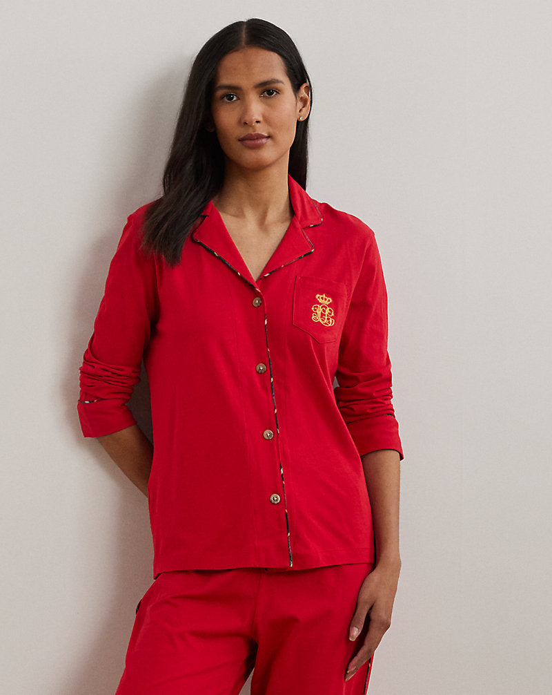 Plaid-Trim Jersey Sleep Set Red