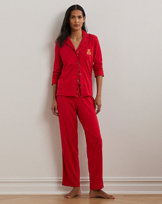 Plaid-Trim Jersey Sleep Set Red