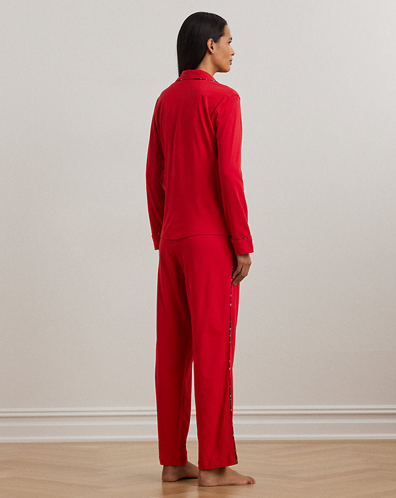 Plaid-Trim Jersey Sleep Set Red