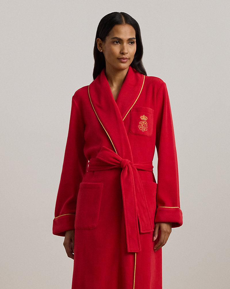 Fleece Long Shawl-Collar Robe Red