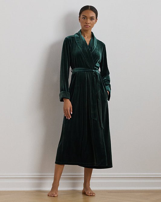 Velvet Long Shawl-Collar Robe Emerald
