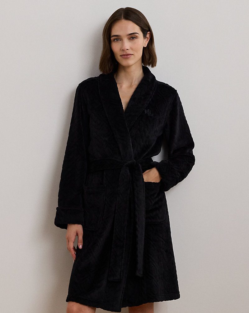 Aran-Clipped Shawl-Collar Robe Black