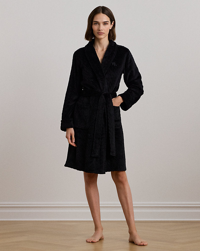 Aran-Clipped Shawl-Collar Robe Black