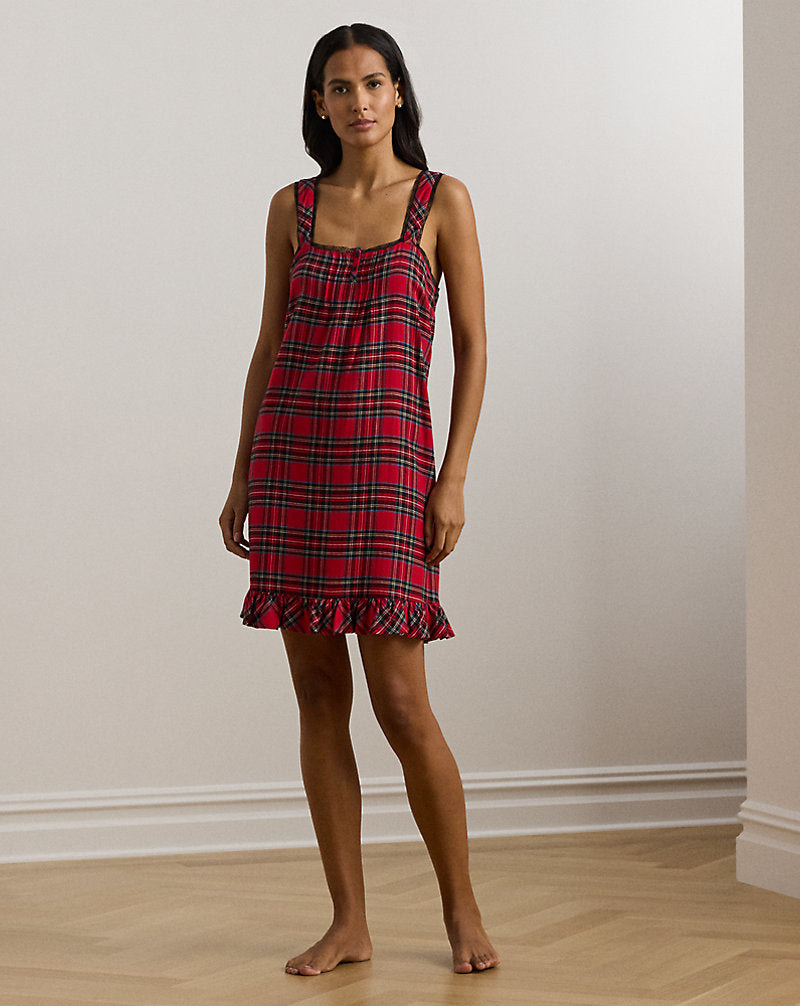 Plaid Lace-Trim Brushed Twill Nightgown Red Print