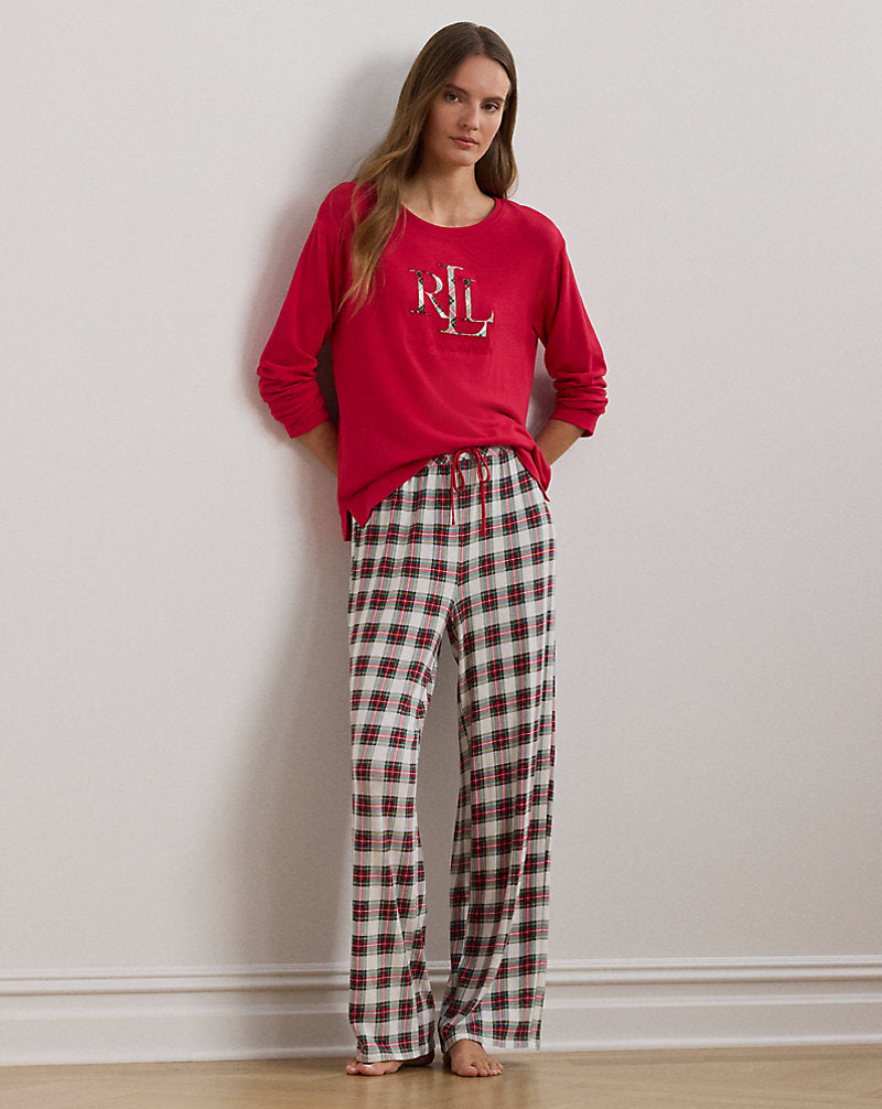Plaid Jersey Pyjama Set Cream Plaid
