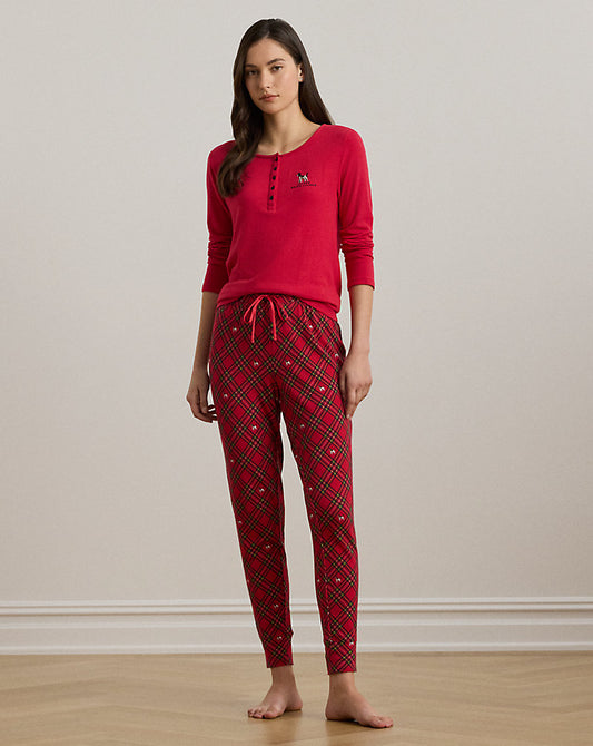 Terrier Plaid Jersey Jogger Pyjama Set Red Plaid