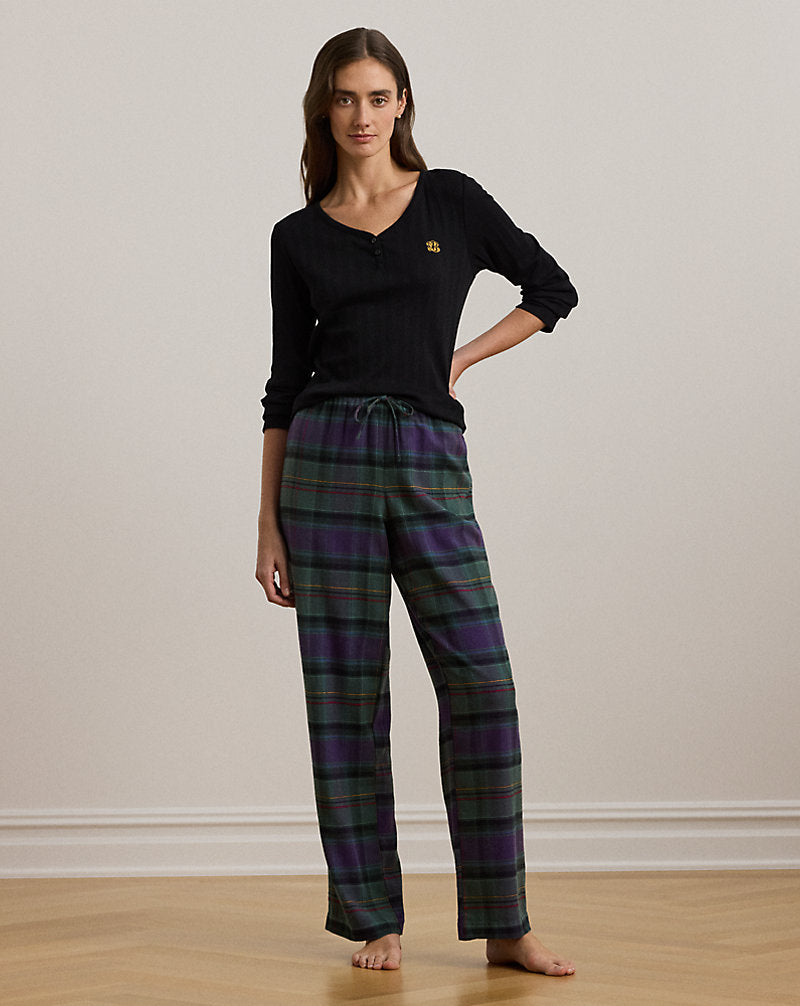 Plaid Cotton-Blend Henley Pyjama Set Green Plaid