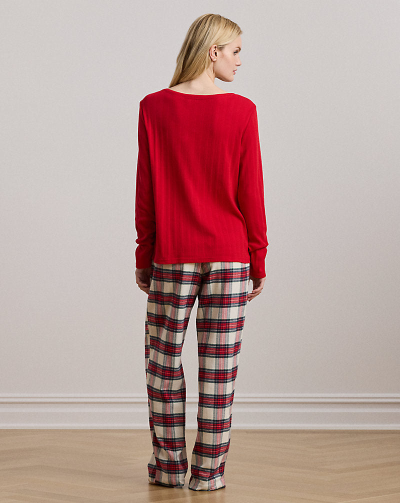 Plaid Cotton-Blend Henley Pyjama Set Cream Plaid
