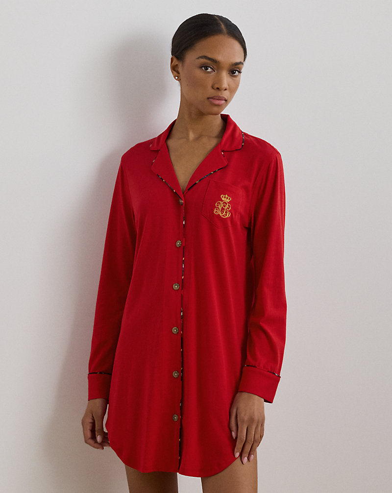 Plaid-Trim Jersey Sleep Shirt Red