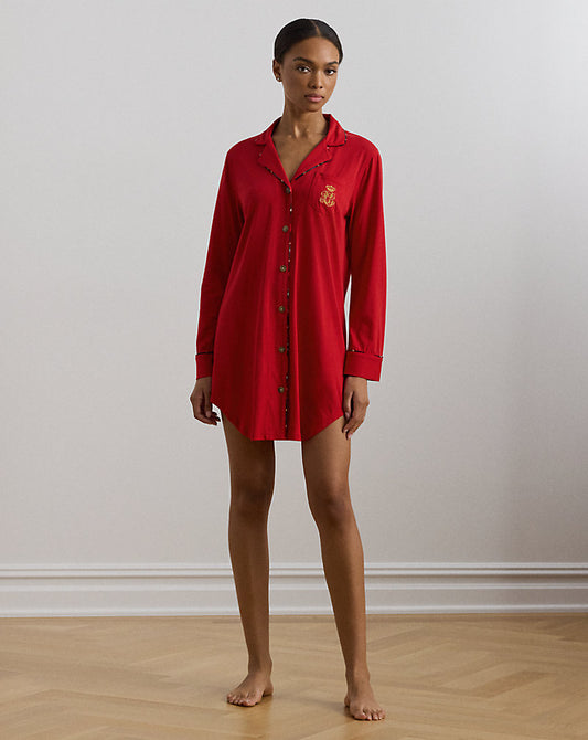 Plaid-Trim Jersey Sleep Shirt Red