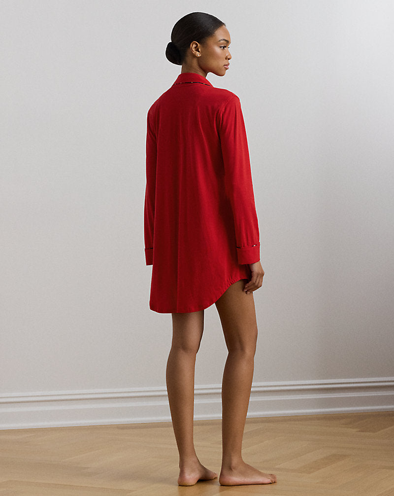Plaid-Trim Jersey Sleep Shirt Red