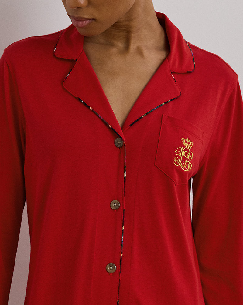 Plaid-Trim Jersey Sleep Shirt Red