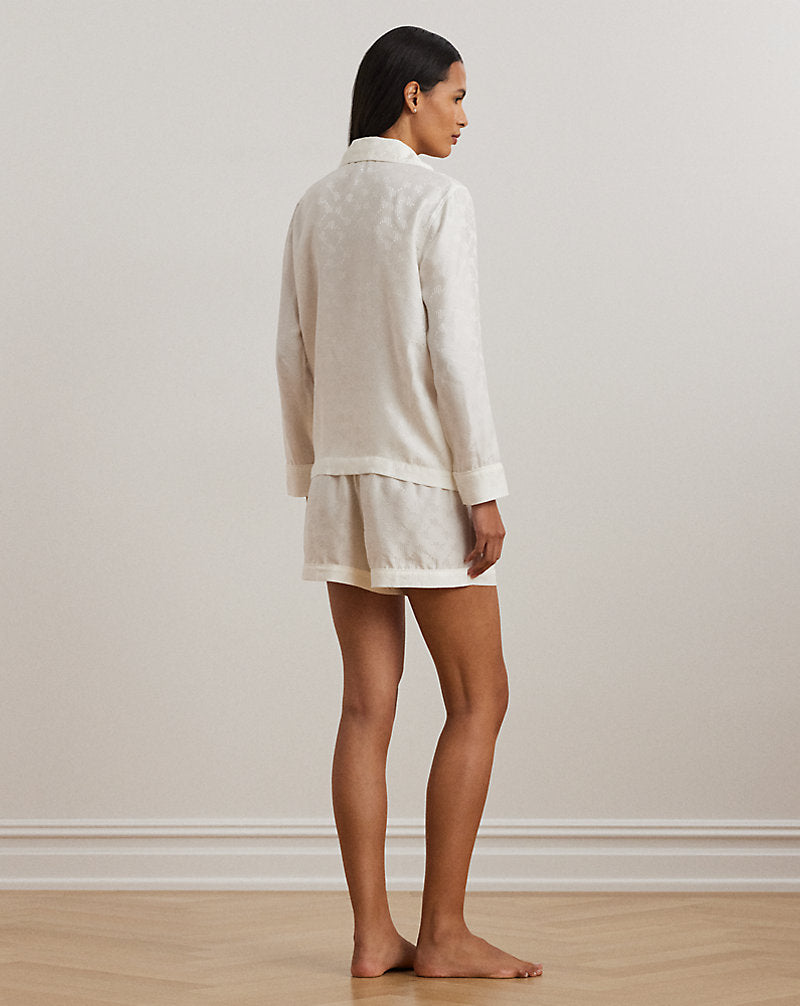 Logo Silk Satin Jacquard Boxer Sleep Set Ivory