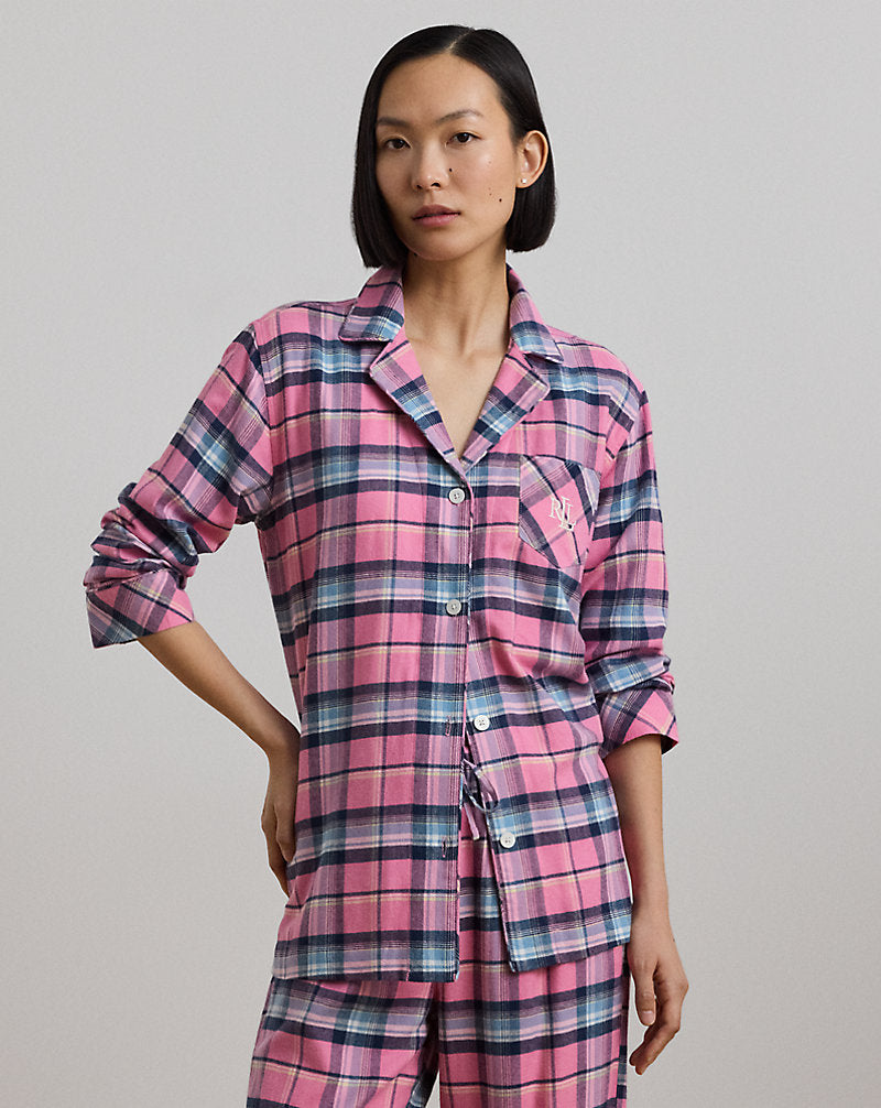 Plaid Cotton-Blend Twill Sleep Set Pink Plaid