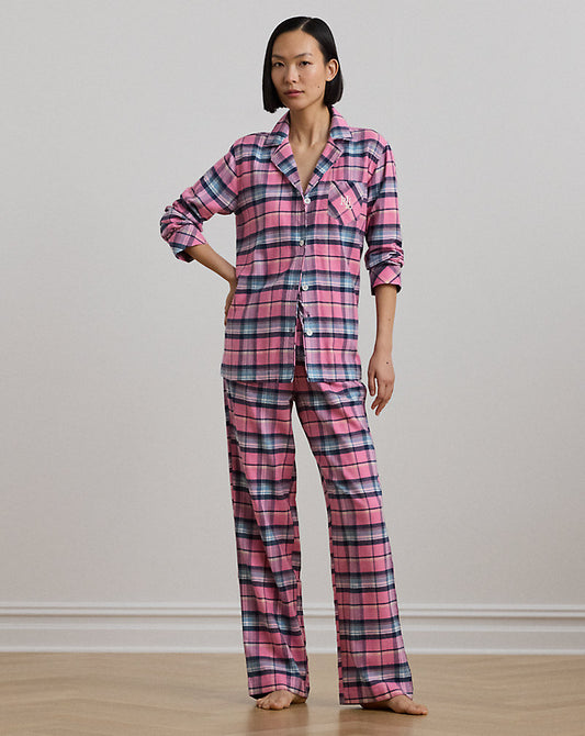 Plaid Cotton-Blend Twill Sleep Set Pink Plaid