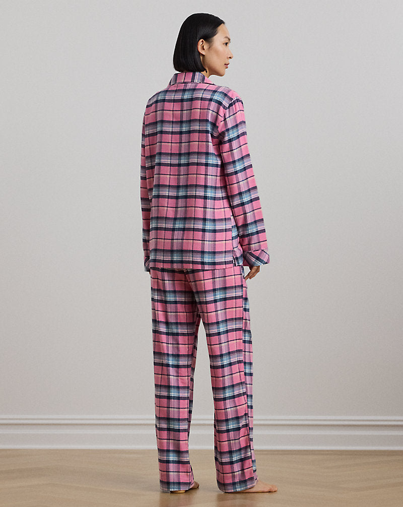 Plaid Cotton-Blend Twill Sleep Set Pink Plaid