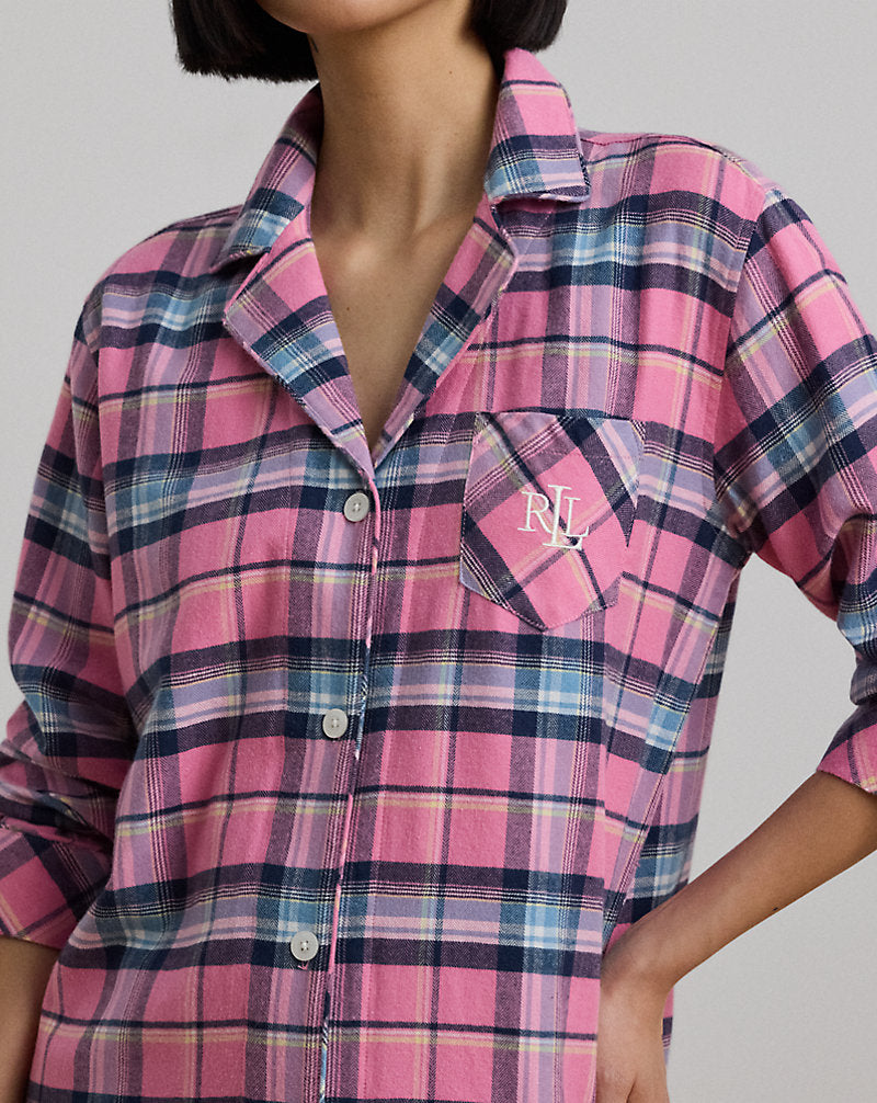 Plaid Cotton-Blend Twill Sleep Set Pink Plaid