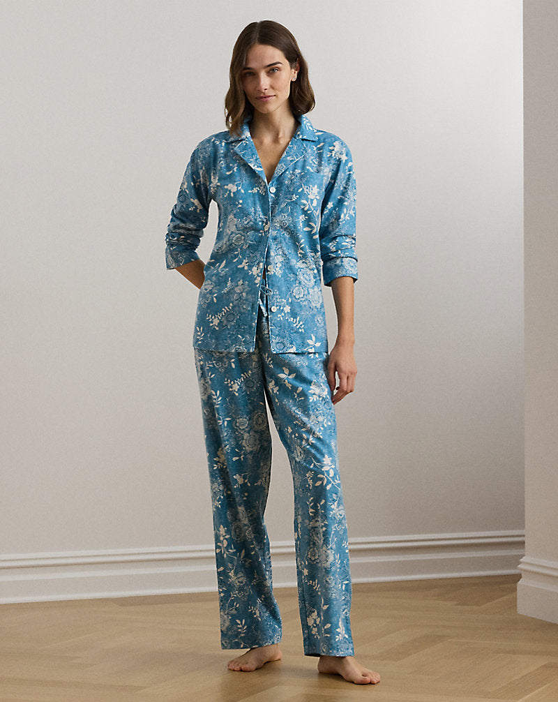 Floral Cotton-Blend Twill Sleep Set Blue Floral