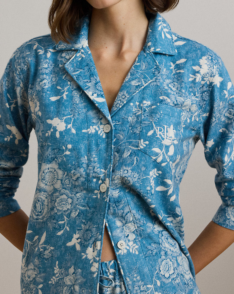 Floral Cotton-Blend Twill Sleep Set Blue Floral