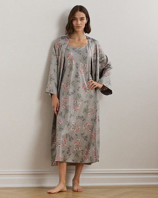 Floral Satin Ballet Nightgown Grey Print