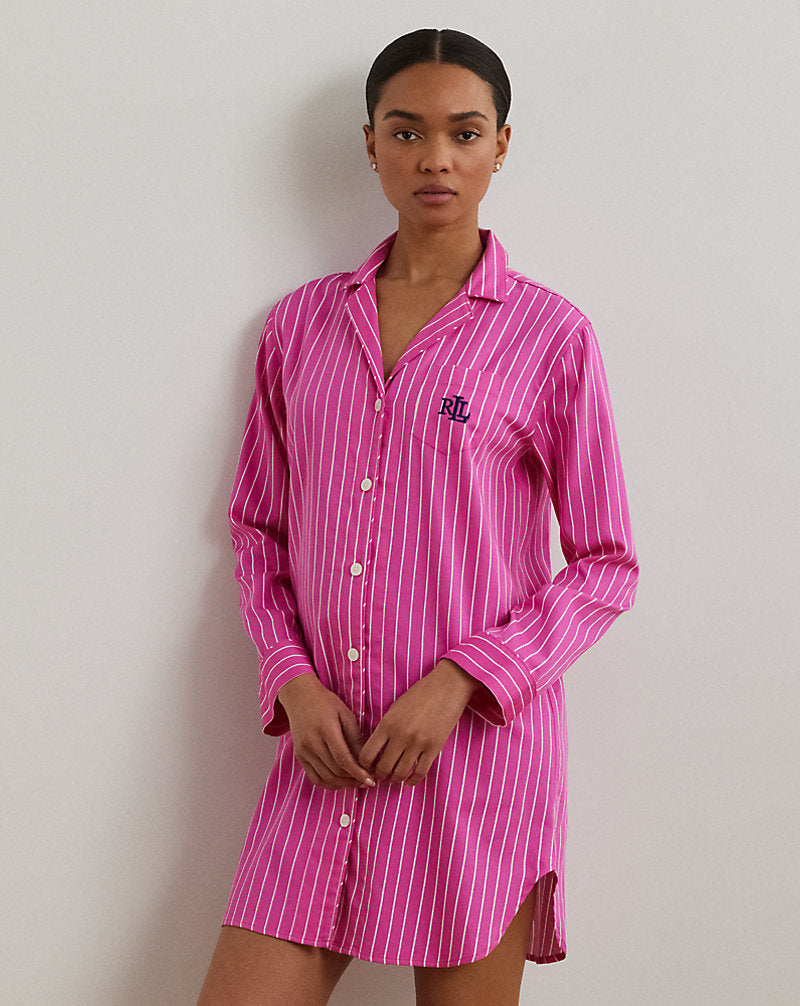 Striped Cotton-Blend Sateen Sleep Shirt Pink Stripe