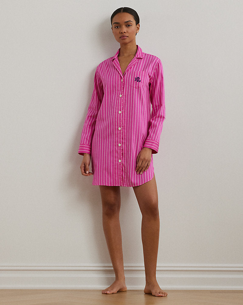 Striped Cotton-Blend Sateen Sleep Shirt Pink Stripe