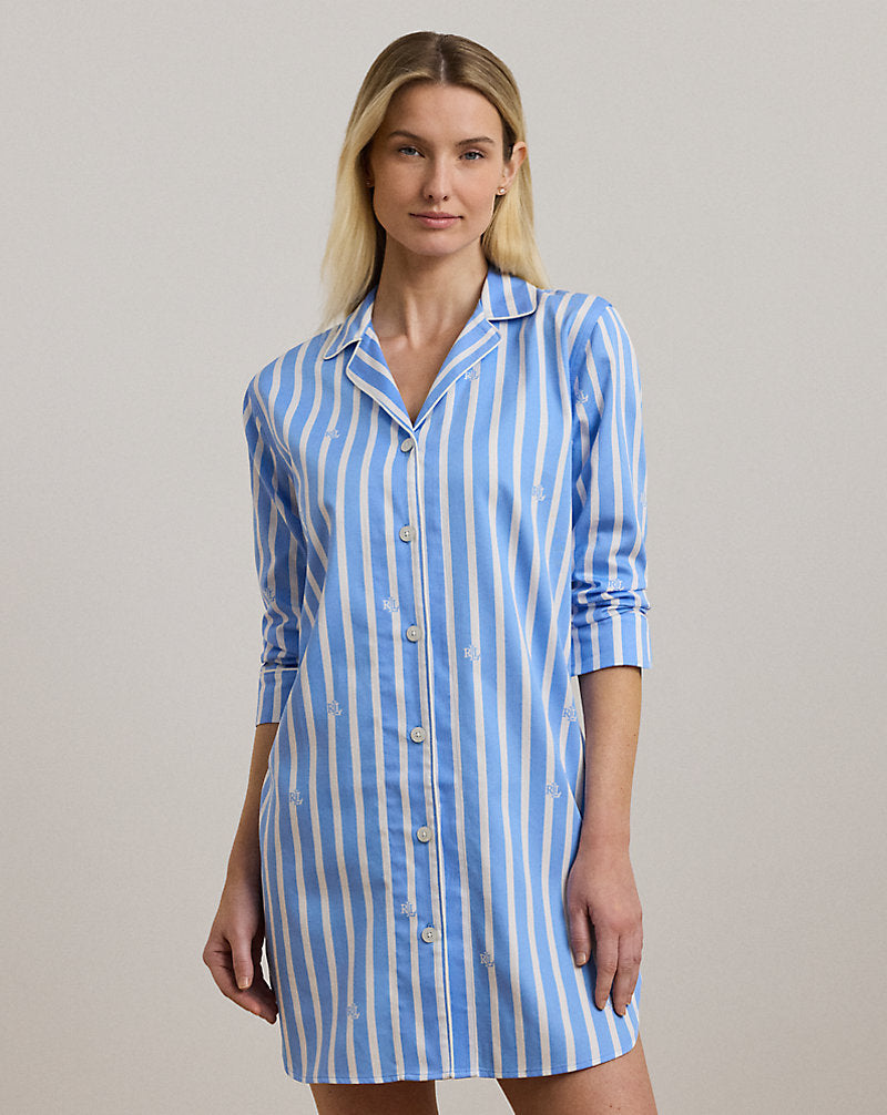 Logo Striped Sateen Sleep Shirt Blue Print