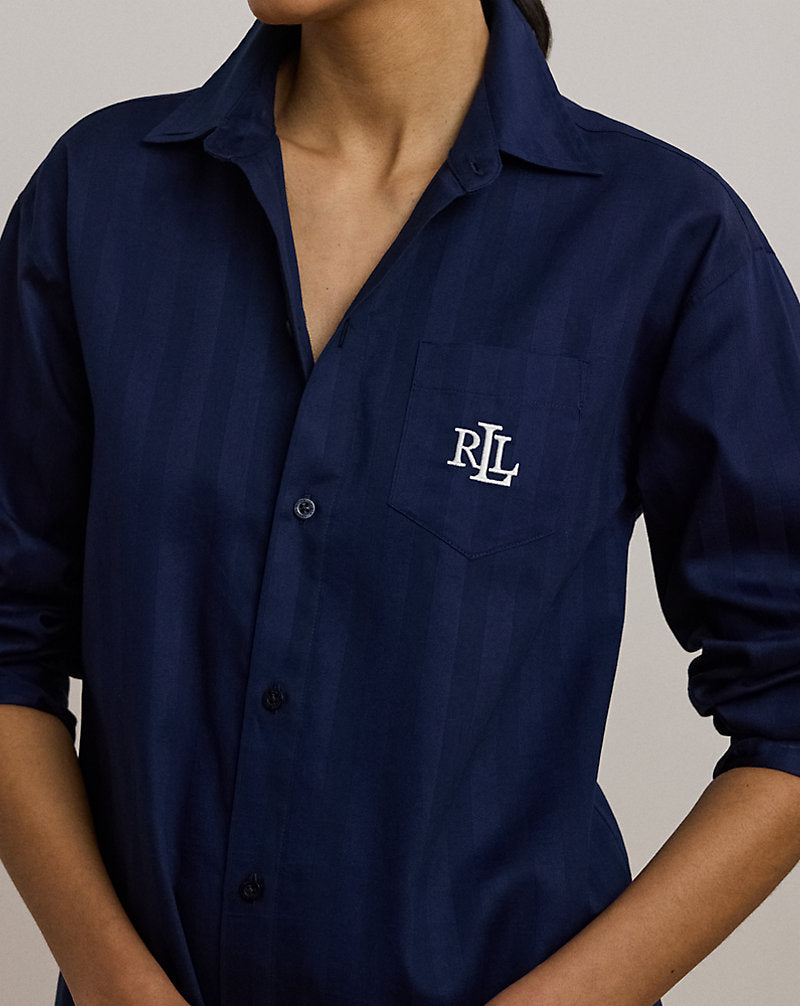 Shadow-Stripe Cotton Sleep Shirt Navy