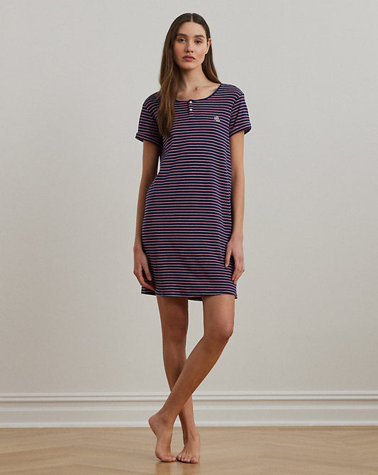 Striped Rib-Knit Henley Sleep Tee Navy Stripe