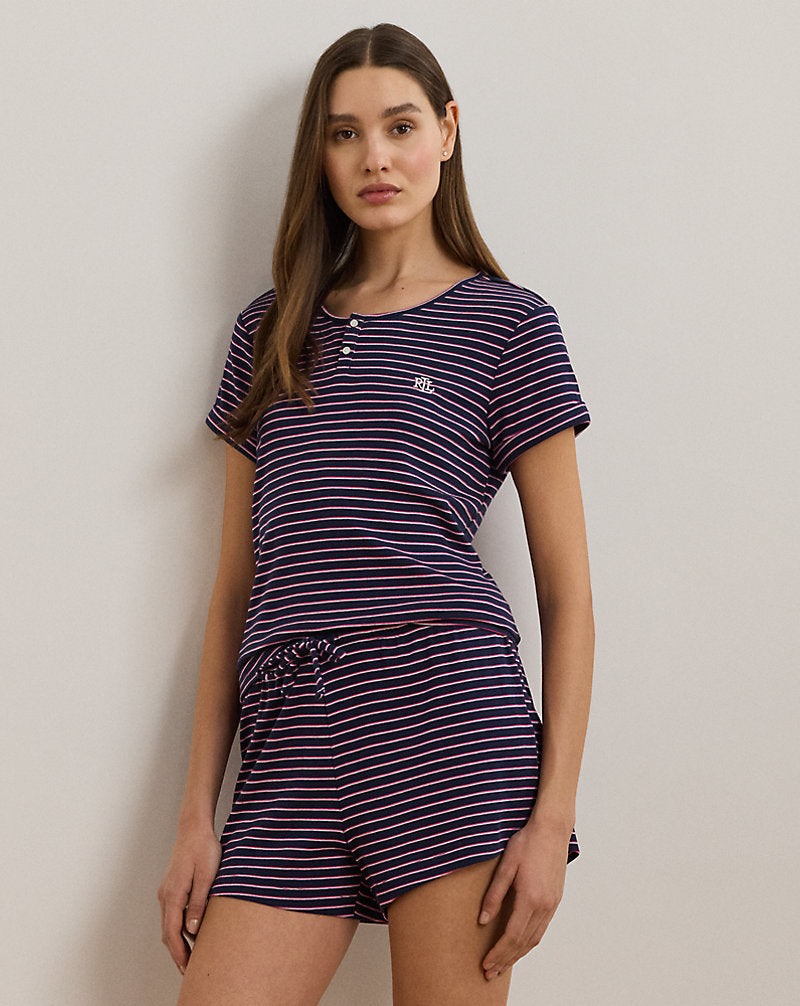 Striped Rib-Knit Henley Boxer Pyjama Set Navy Stripe