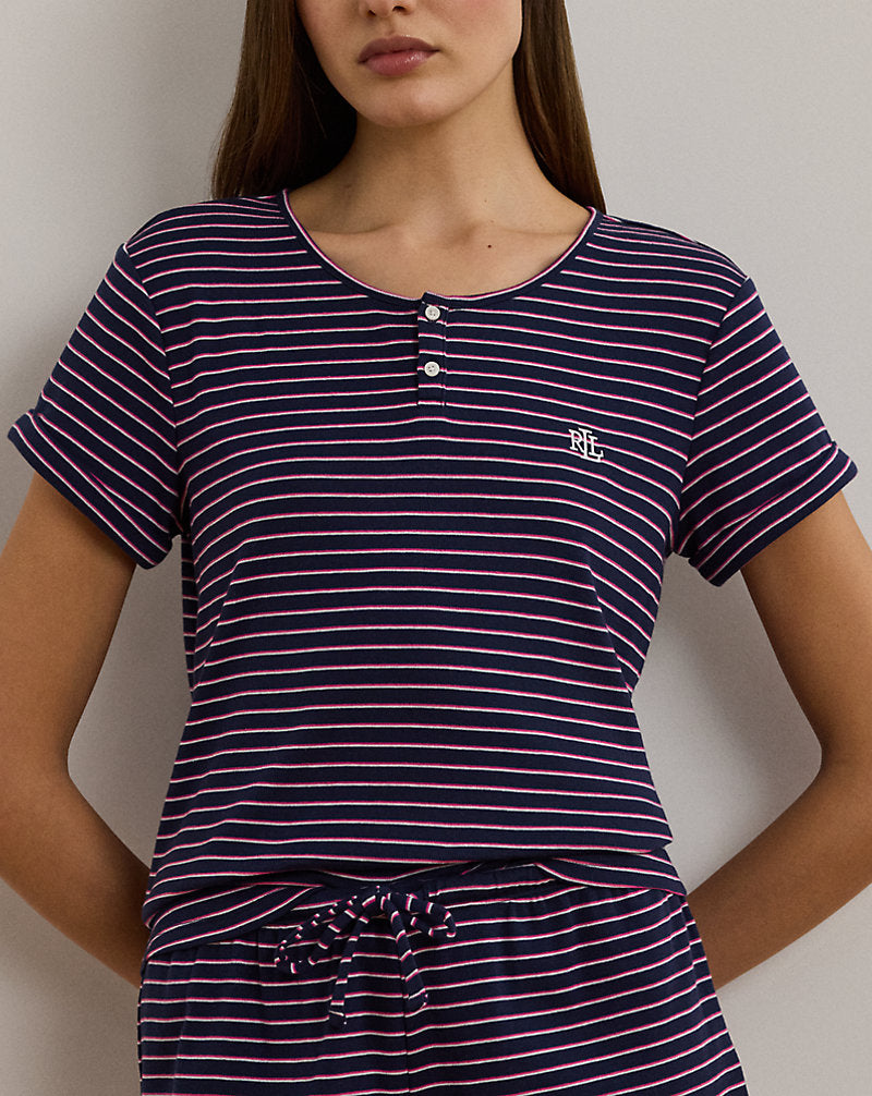 Striped Rib-Knit Henley Boxer Pyjama Set Navy Stripe