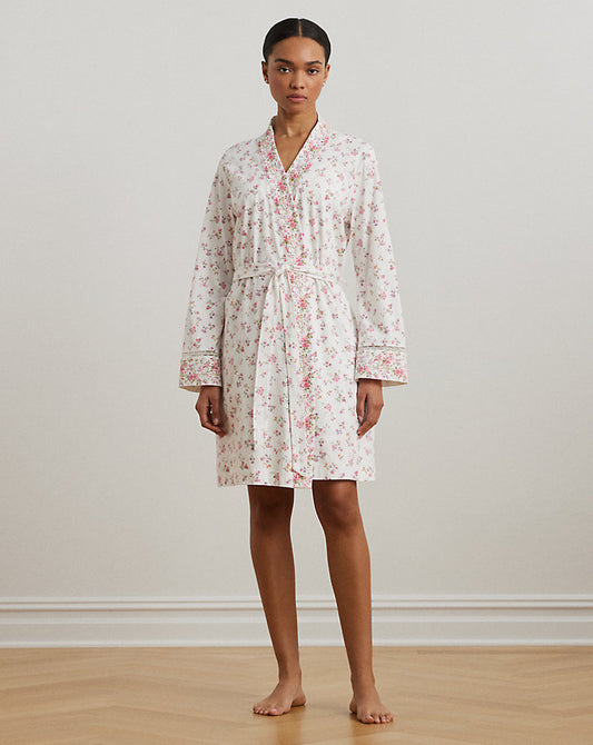 Lace-Trim Floral Cotton Jersey Robe Ivory Floral